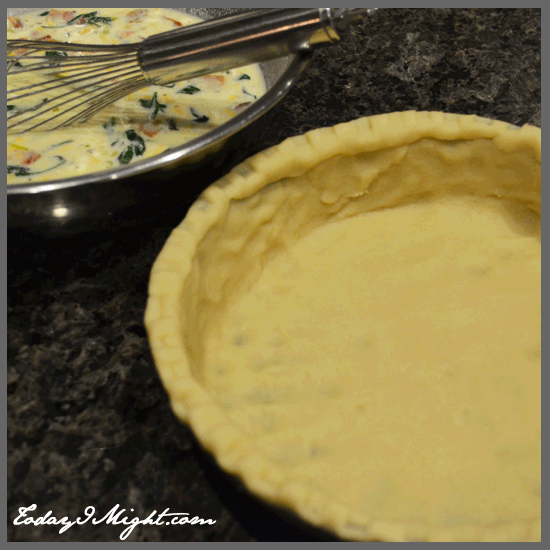 todayimight.com | Preparing to Fill Pie Crust with Quiche Mixture